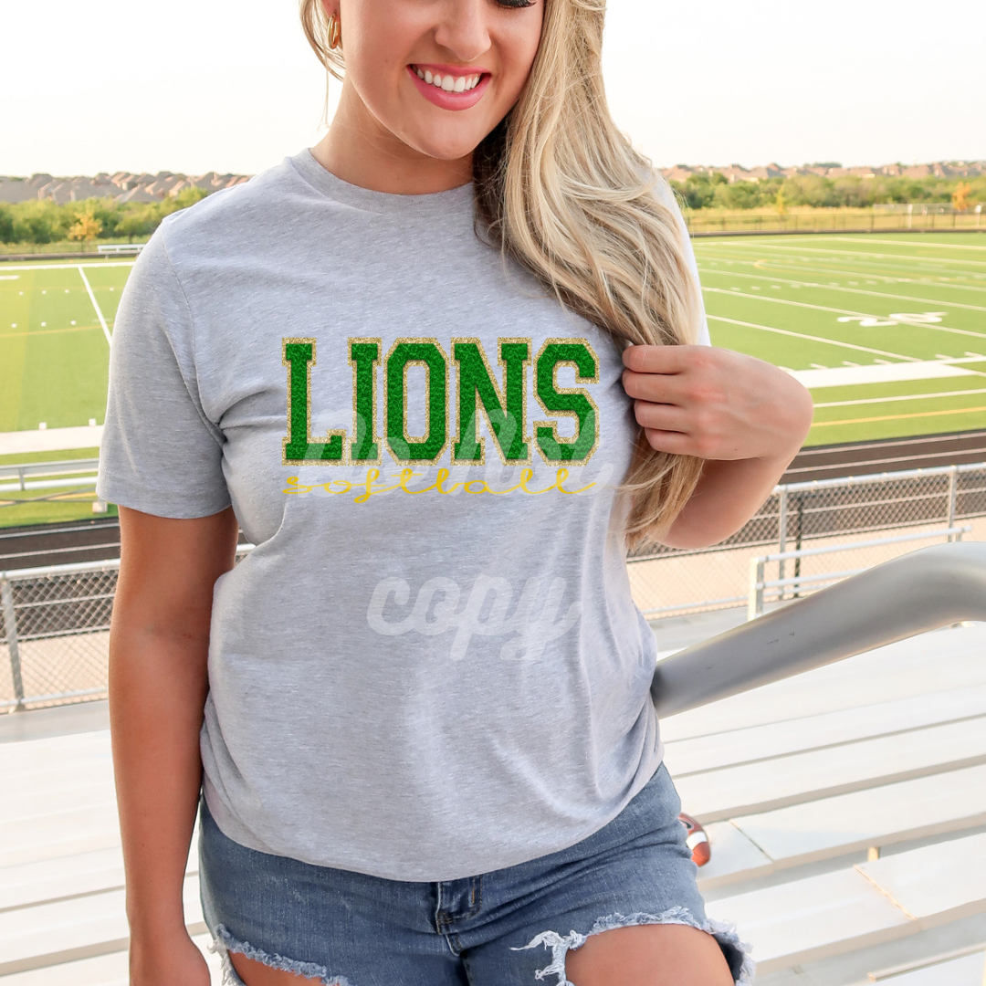 Faux Chenille Green and Gold LIONS SOFTBALL