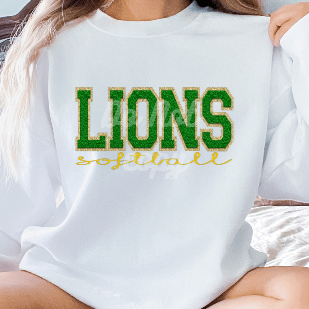Faux Chenille Green and Gold LIONS SOFTBALL