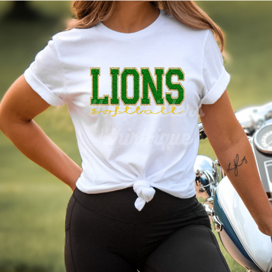 Faux Chenille Green and Gold LIONS SOFTBALL